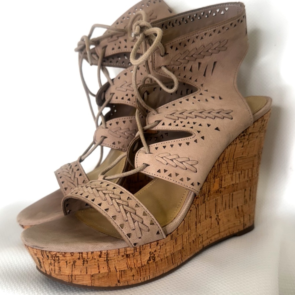 Marc Fisher Taupe Hosana 4” Wedge Platform Leather Lace-Up Gladiator Sandal 10M